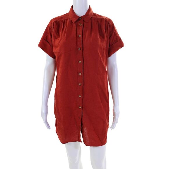 J Crew Dresses & Skirts - J Crew Womens Button Front Short Sleeve Collared Linen Shirt Dress Red Size XSP